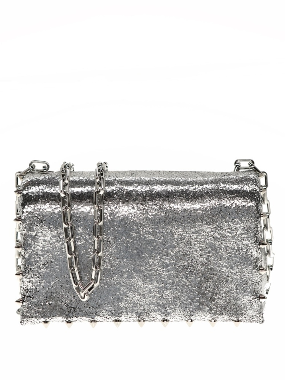 Christian Louboutin Spiky Chain Crossbody Bag Silver Crinkled Leather New